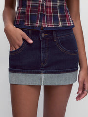 Denim Low Rise Washed Rolled Hem Metal Detail Pencil Mini Skirt