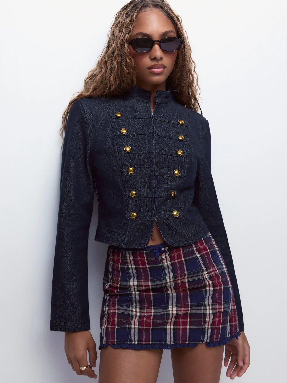 Denim Washed Napoleon Stand Collar Metal Detail Jacket