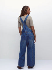 Denim Solid Buckle Pocket Barrel-leg Jumpsuit