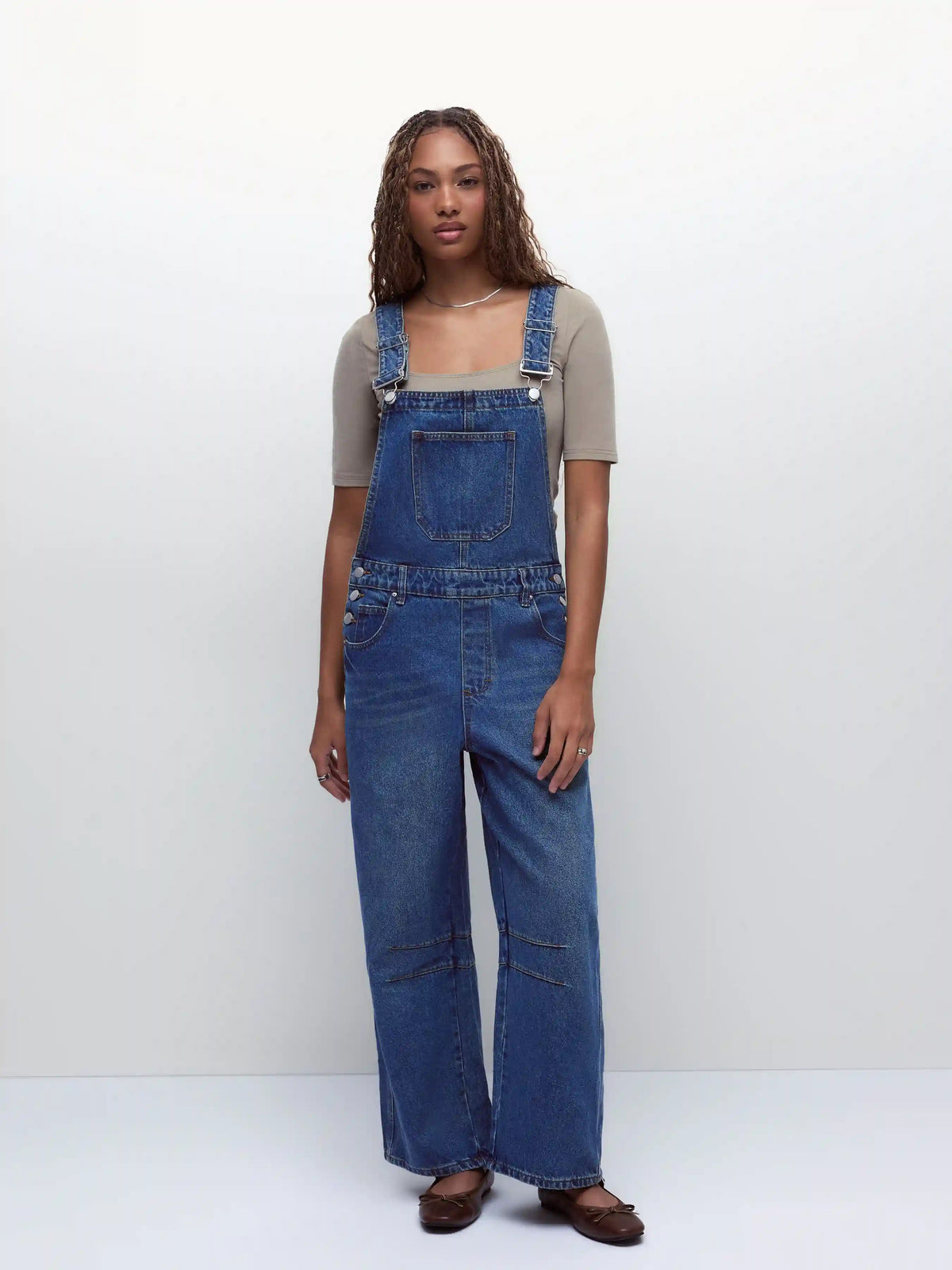 Denim Solid Buckle Pocket Barrel-leg Jumpsuit