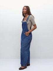 Denim Solid Buckle Pocket Barrel-leg Jumpsuit