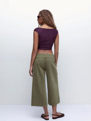 Washed Denim Low Rise Metal Detail Wide Leg Capri Jeans