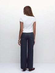 Stretch Denim Mid Rise Washed Metal Detail Straight Leg Jeans