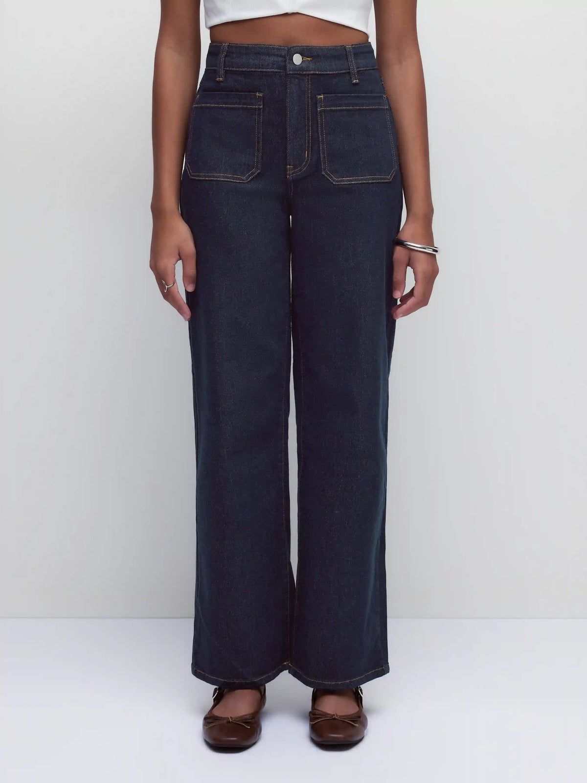 Stretch Denim Mid Rise Washed Metal Detail Straight Leg Jeans