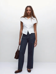 Stretch Denim Mid Rise Washed Metal Detail Straight Leg Jeans