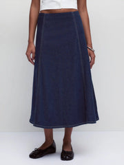 Stretch Denim High Rise Washed Pleated A-line Flare Midi Skirt