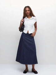 Stretch Denim High Rise Washed Pleated A-line Flare Midi Skirt