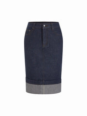 Stretch Denim Mid Rise Contrast Cuffed Split Bodycon Midi Skirt