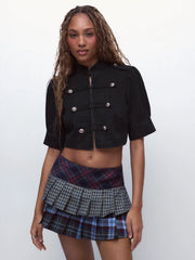 Denim Stand Collar Washed Metal Detail Crop Blouse