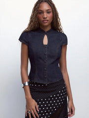 Washed Denim Stand Collar Puff Sleeve Ruched Cut Out Blouse