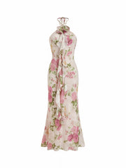 Chiffon Jacquard Floral Halter Neckline Ruffle Mermaid Maxi Dress