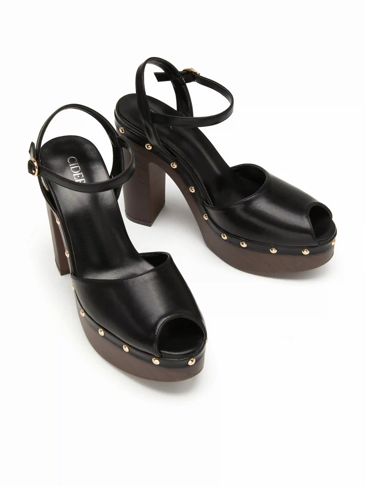 STUDDED PLATFORM PEEP TOE HEELS