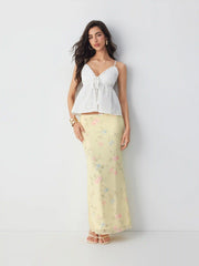 Mesh Mid Rise Floral Bowknot Lettuce Trim Mermaid Maxi Skirt