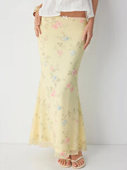 Mesh Mid Rise Floral Bowknot Lettuce Trim Mermaid Maxi Skirt