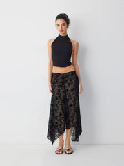 Mesh Mid Rise Floral Hanky Hem A-Line Midi Skirt