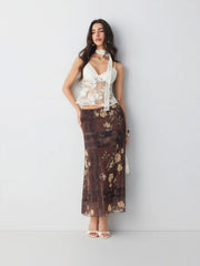Mesh Mid Rise Floral Graphic Lettuce Trim Midi Skirt