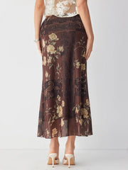 Mesh Mid Rise Floral Graphic Lettuce Trim Midi Skirt