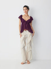 Chiffon V-neck Ruffled Sleeve Tie Front Backless Cami Blouse