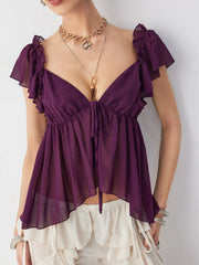 Chiffon V-neck Ruffled Sleeve Tie Front Backless Cami Blouse