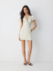Satin V-neck Ruffle Sleeve Lace Trim Tie Front A-line Mini Dress