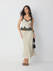 Satin Polka Dot Lace Top & Mid Rise Mermaid Maxi Skirt Set