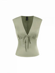 Satin V-Neck Ruched Bowknot Tank Blouse
