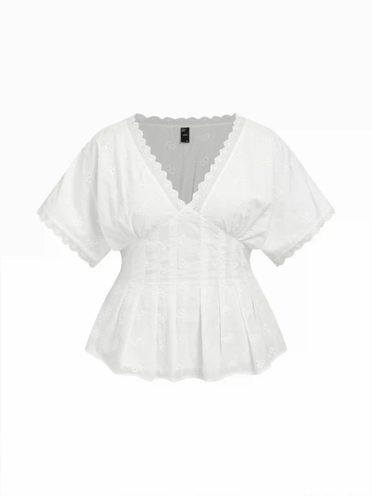 Cotton V-neck Broderie Anglaise Pleated Shirred Short Sleeve Blouse Curve & Plus