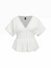 Cotton V-neck Broderie Anglaise Pleated Shirred Short Sleeve Blouse Curve & Plus