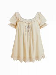 Cotton-blend Floral Graphic Scoop Neck Puff S leeve Lace Babydoll Mini Dress Curve & Plus