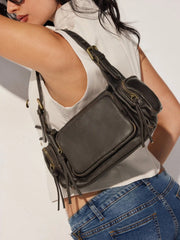 DISTRESSED FAUX LEATHER SHOULDER BAG