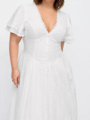 Cotton Floral Embroidery V-neck Ruffle Sleeve A-line Maxi Dress Curve & Plus