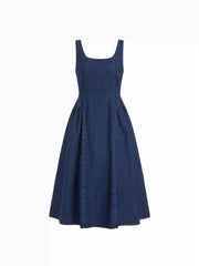 Denim Square Neck Washed Ruched A-line Midi Dress