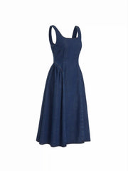 Denim Square Neck Washed Ruched A-line Midi Dress