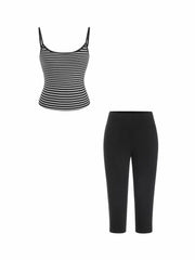Textured Cotton Stripe Scoop Neck Cami Top & Low Rise Capris Set
