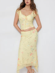 Mesh Floral Ruched Tie Front Top & Mid Rise Maxi Skirt Set