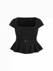 Scoop Neck Ruffled Peplum Belted Metal Detail Top Curve & Plus