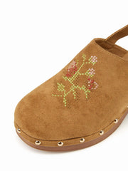 FAUX SUEDE BUCKLE STUDDED MULE HEELS