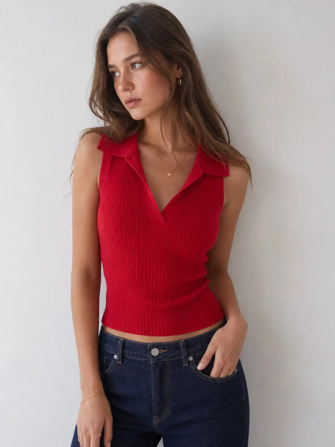 Knit Textured Polo Neck Vest