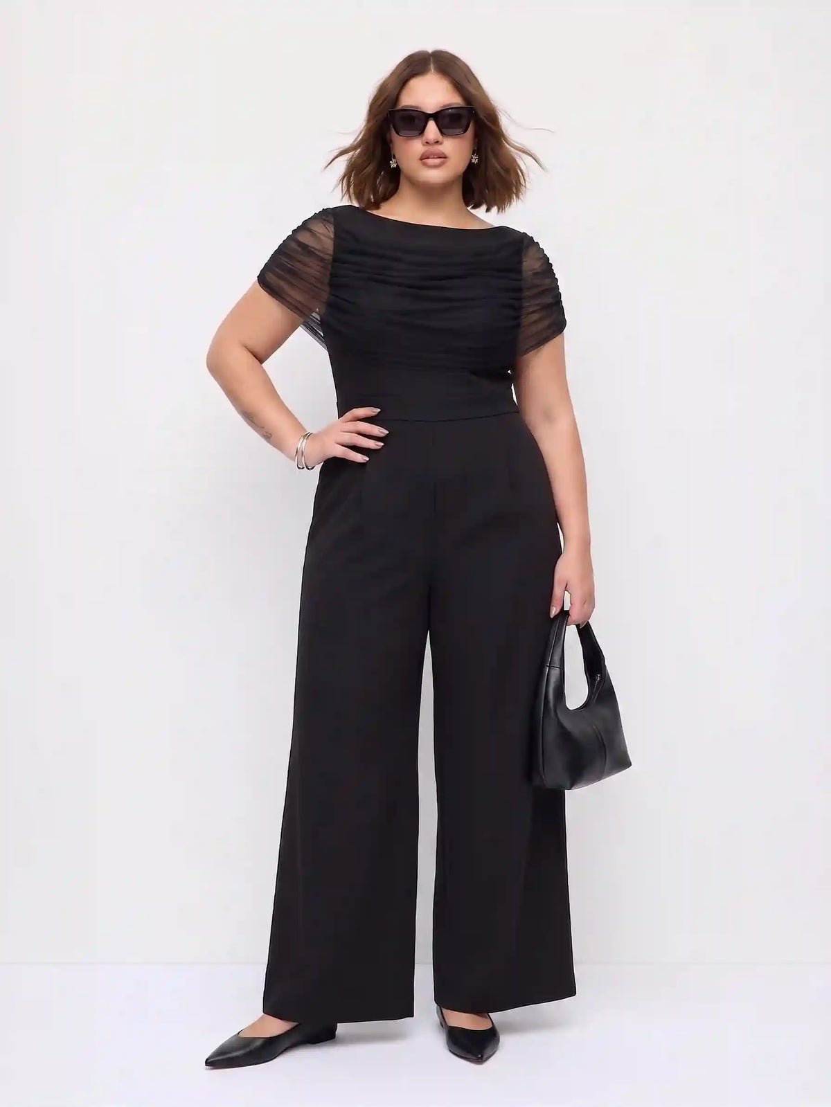 Mesh Off-shoulder Ruched Mid Rise Wide Leg Jumpsuit Curve & Plus