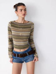 Striped Boat Neck Bell Sleeve Slim Tee