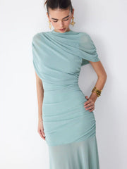 Mesh Stand Collar Poncho Sleeve Ruched High-Low Maxi Dress