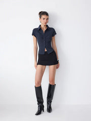Striped Short Sleeve Ruched Drawstring Shirt