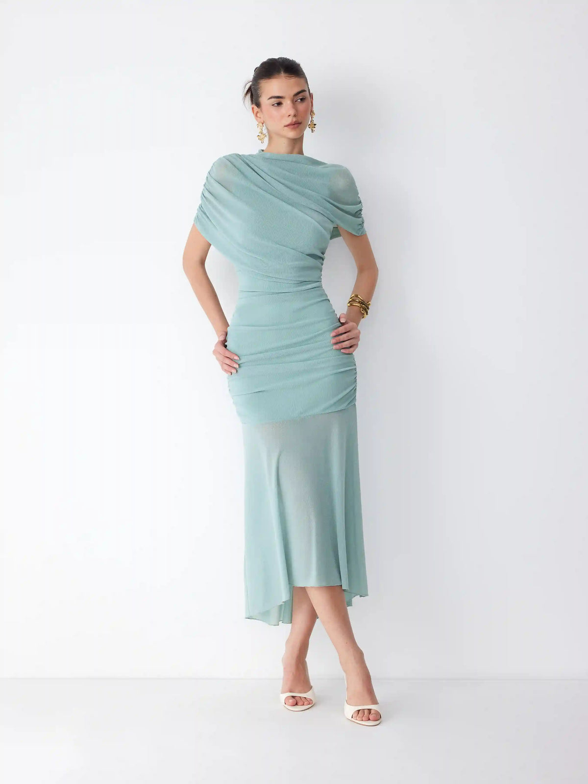 Mesh Stand Collar Poncho Sleeve Ruched High-Low Maxi Dress