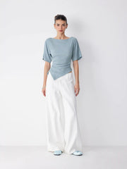 Textured Boat Neck Ruched Asymmetrical Hem Short Sleeve Tee