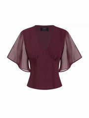 Chiffon V-neck Ruffle Sleeve Pleated Tie Back Blouse