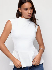 Cotton-blend High Neck Peplum Ruffle Hem Top