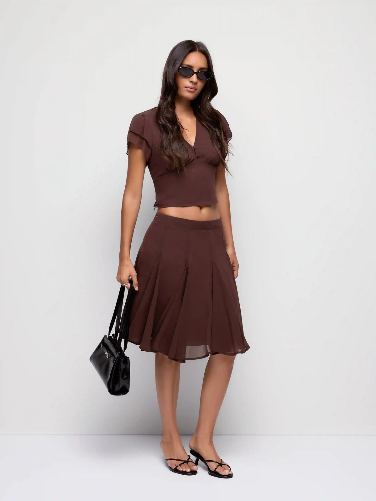 Chiffon V-neck Ruffled Sleeve Top & Low Rise A-line Midi Skirt Set