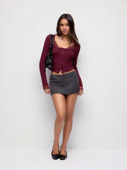 Ribbed Scoop Neck Lace Trim Long Sleeve Top