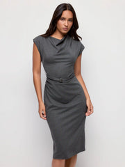 Striped Cowl Neck Belted Ruched Straight Midi Dress