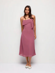 Chiffon Asymmetrical Neck Twist Knotted A-line Midi Dress